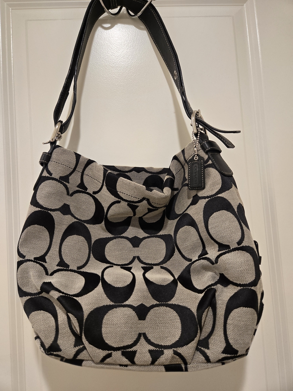 Coach Black and Light Grey Signature Hobo Shoulder Bag